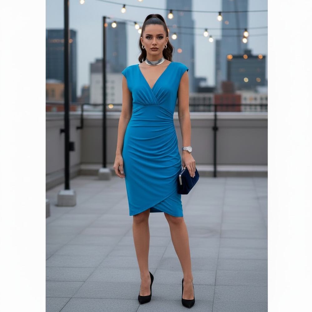 Lauren Ralph Lauren Blue Ruched Faux‑Wrap Dress Size 10